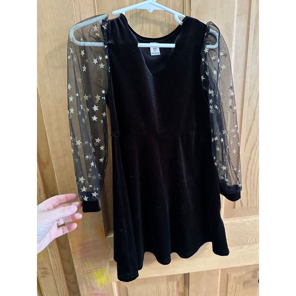 ⭐ Girls Black Velvet Dress Gold Star Mesh Sleeves Size 4Y Party Holiday Dress